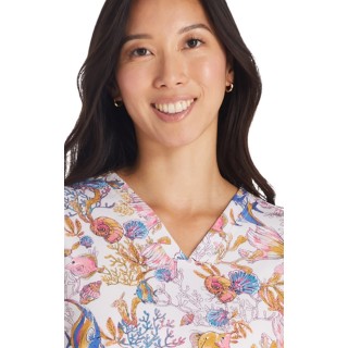 CK671 Cherokee Genuine Classic V-Neck 2 Pocket Print Top - Fin-tastic Watercolor