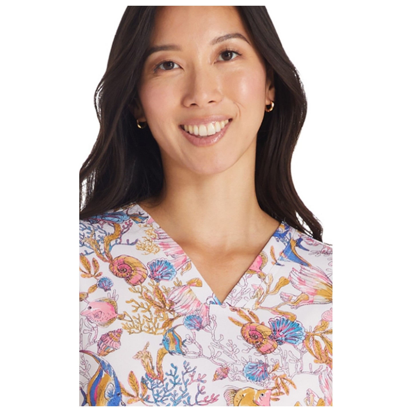 CK671 Cherokee Genuine Classic V-Neck 2 Pocket Print Top - Fin-tastic Watercolor