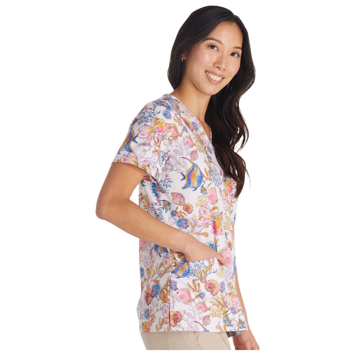 CK671 Cherokee Genuine Classic V-Neck 2 Pocket Print Top - Fin-tastic Watercolor