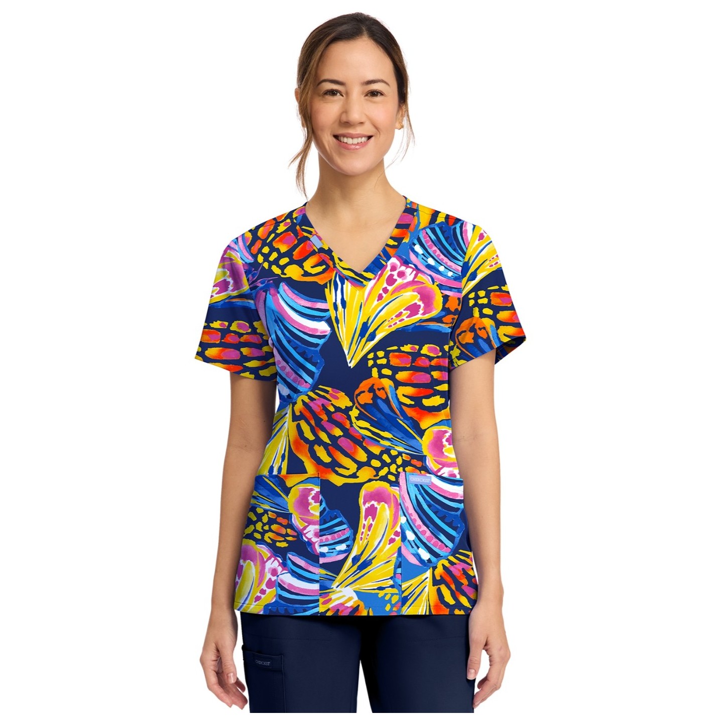 CK856 V-Neck 2 Pocket Print Top by Cherokee - Winging It