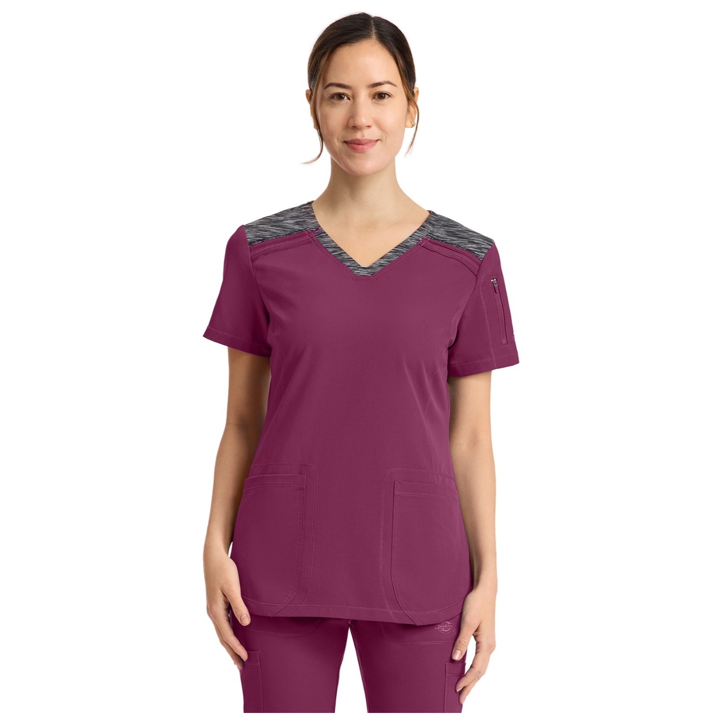 DK740 Dickies Dynamix Haut à Col en V avec Design de Bloc de Couleur Chiné