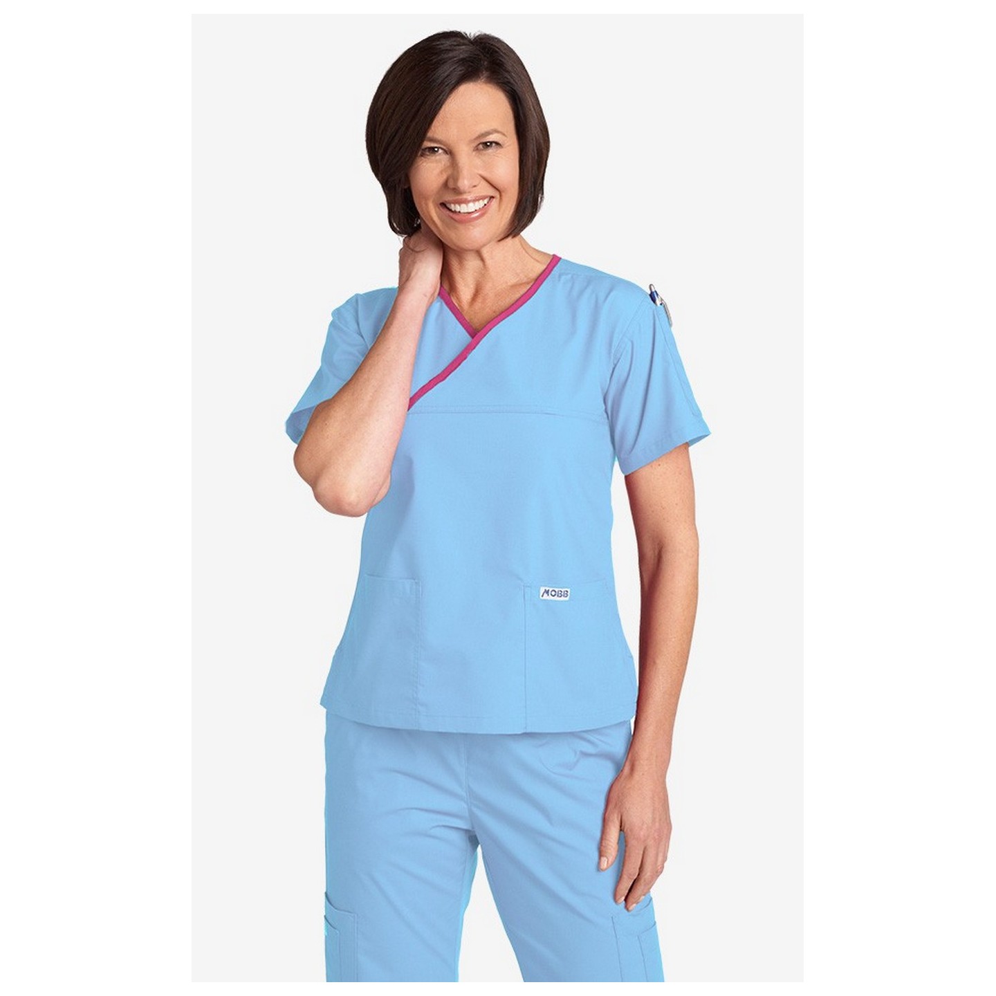 323T Criss Cross Scrub Top by MOBB - Sky Blue/Pink