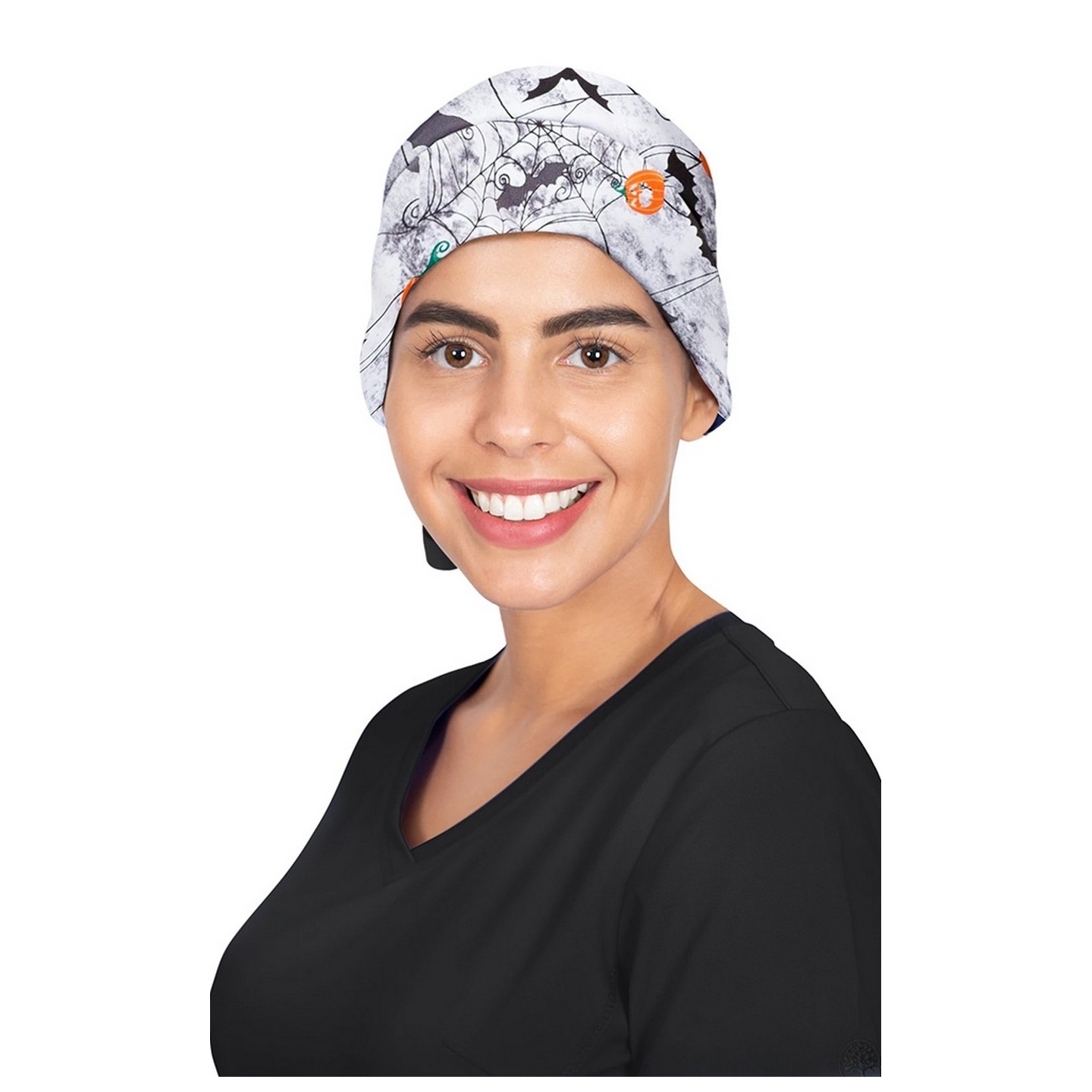 *FINAL SALE 1002PRT Healing Hands Sloan Halloween Black Bouffant Print Scrub Cap