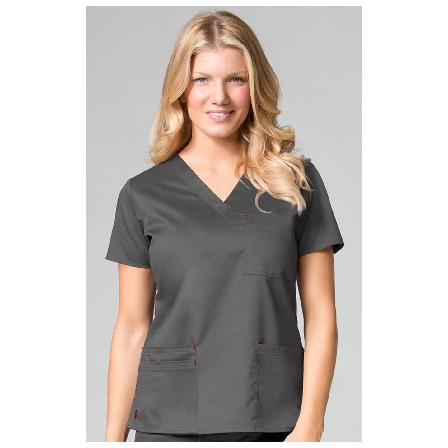 1202 Maevn Blossom - 3 Pocket Fashion V-Neck Top - Charcoal/Crimson