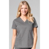 1202 Maevn Blossom - 3 Pocket Fashion V-Neck Top - Pewter/Black