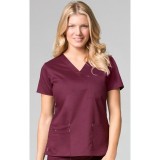 1202 Maevn Blossom - 3 Pocket Fashion V-Neck Top - Wine/Silver