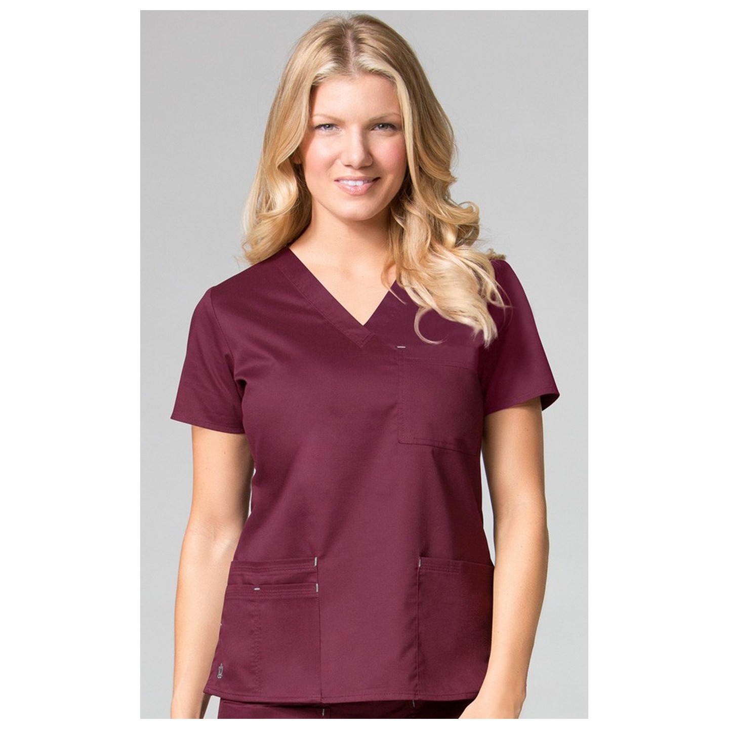 1202 Maevn Blossom - 3 Pocket Fashion V-Neck Top - Wine/Silver