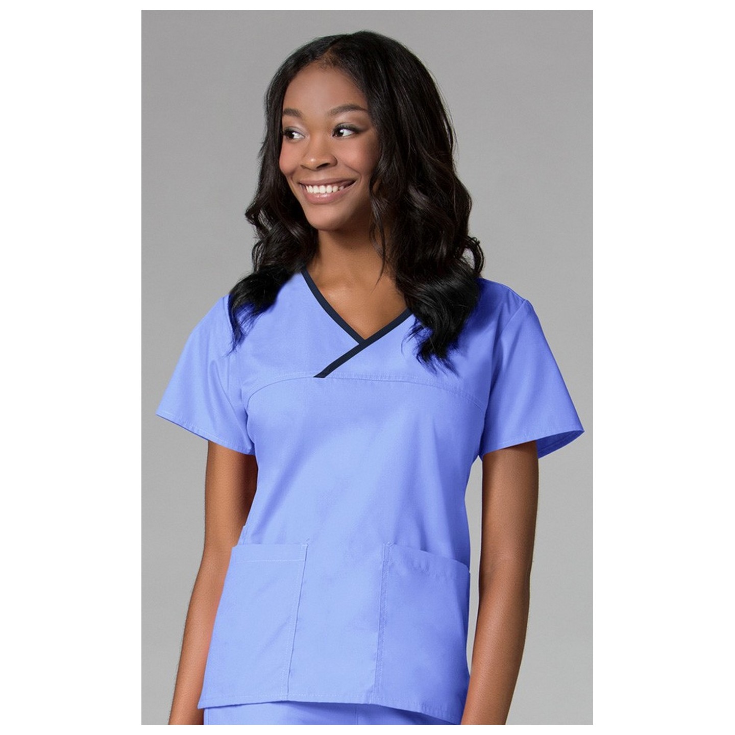 1026 Maevn CORE - Y-Neck Mock Wrap Top - Ceil/Navy