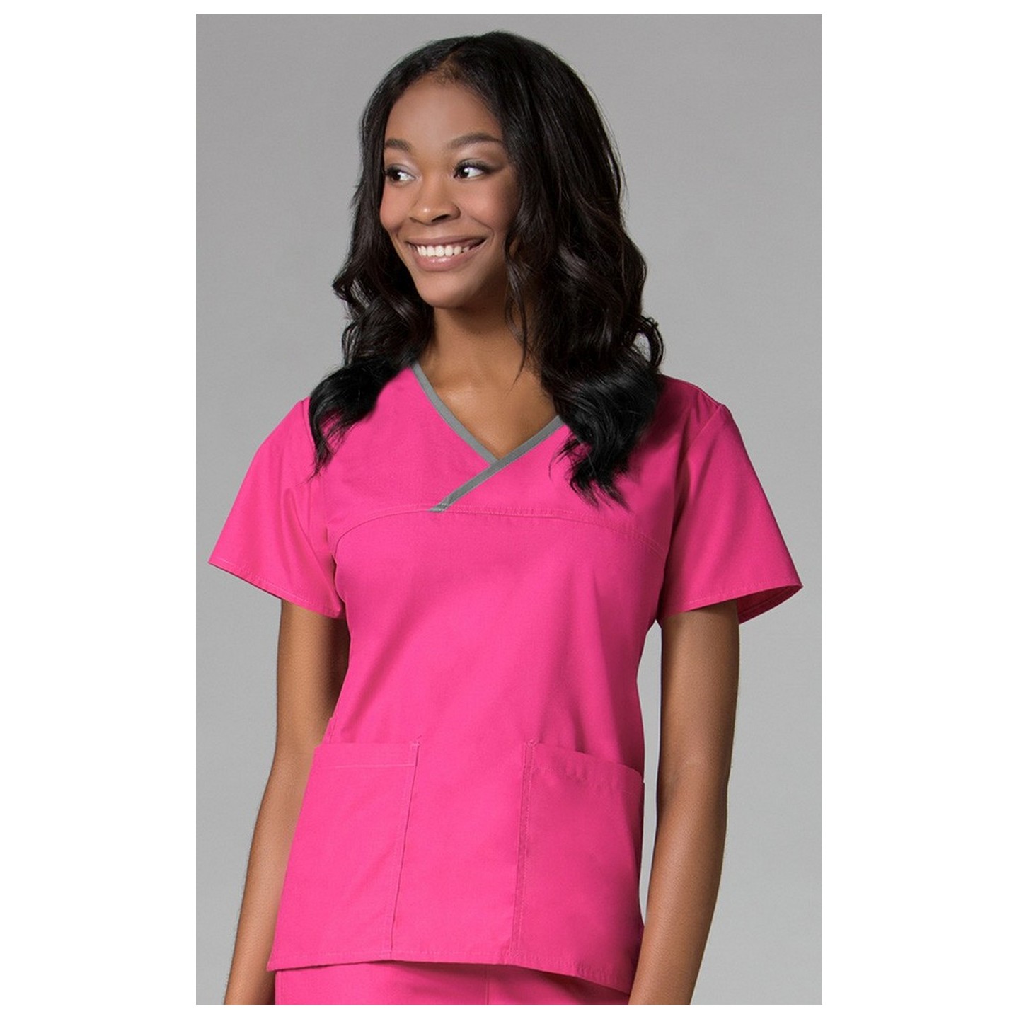 1026 Maevn CORE - Y-Neck Mock Wrap Top - Hot Pink/Pewter