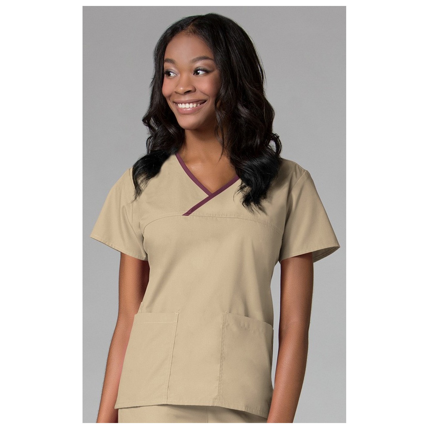 1026 Maevn CORE - Y-Neck Mock Wrap Top - Khaki/Wine