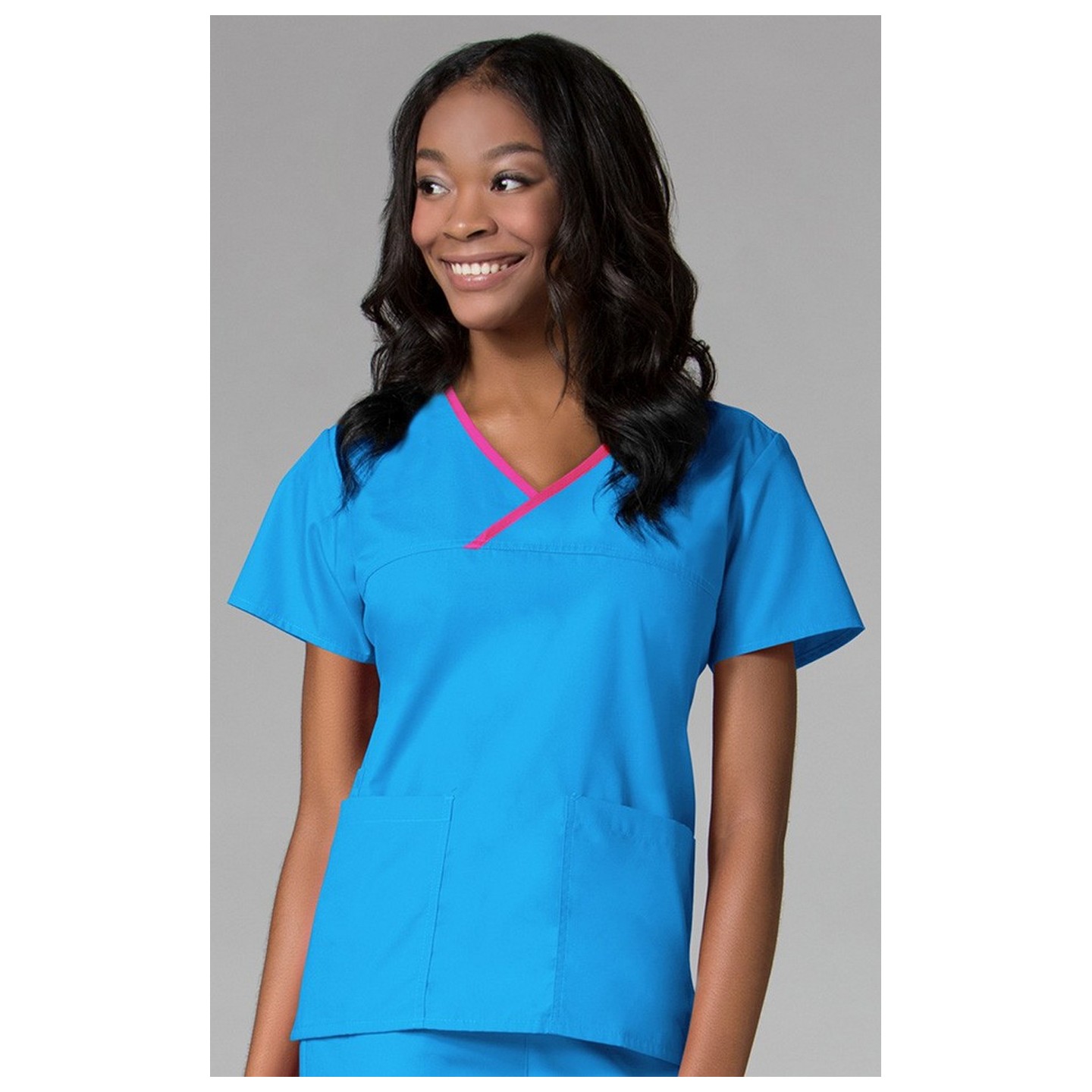 1026 Maevn CORE - Y-Neck Mock Wrap Top - Malibu Blue/Hot Pink