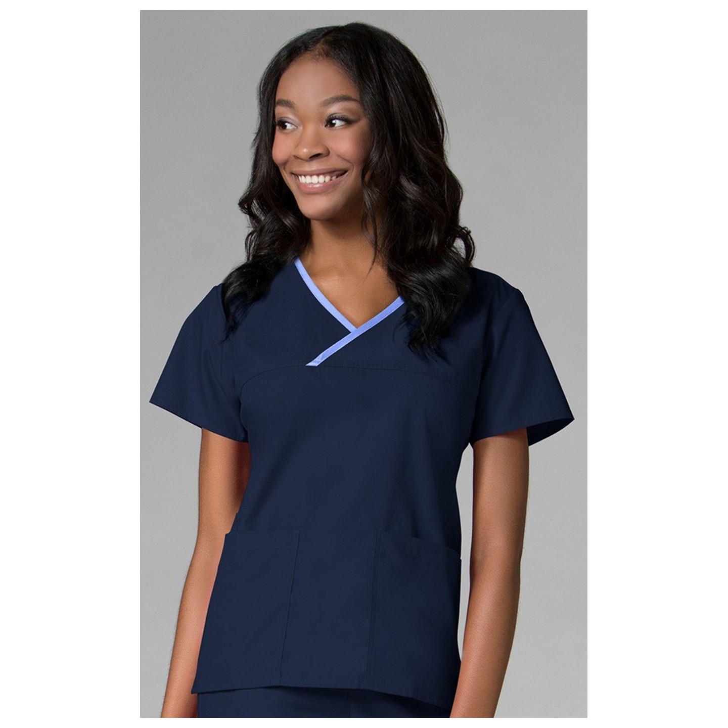 1026 Maevn CORE - Y-Neck Mock Wrap Top - Navy/Ceil