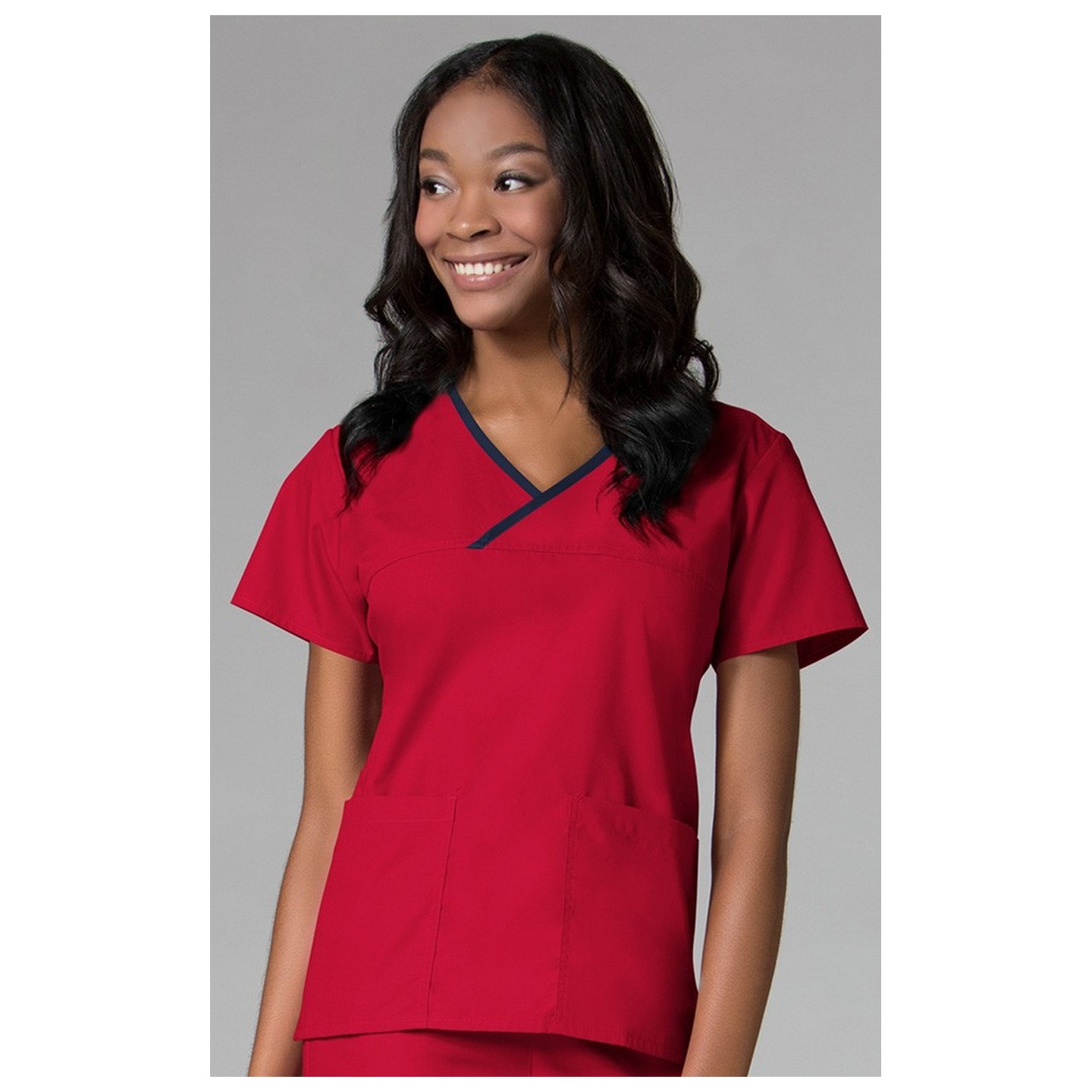 1026 Maevn CORE - Y-Neck Mock Wrap Top - Red/Navy