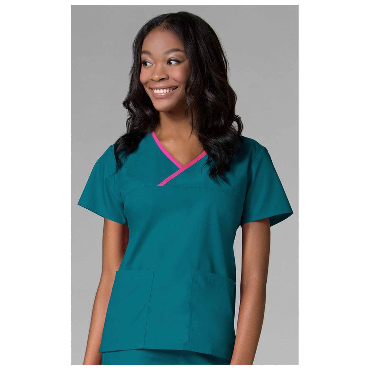 1026 Maevn CORE - Y-Neck Mock Wrap Top - Teal/Hot Pink