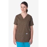 320T Brown Polka Dot MOBB V-Neck Print Scrub Top