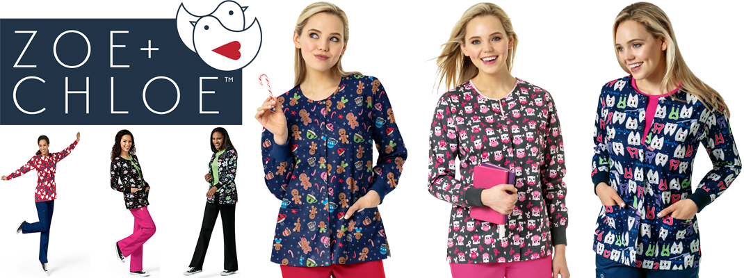 Zoe + Chloe Round Neck Print Warm Up Scrub Jacket